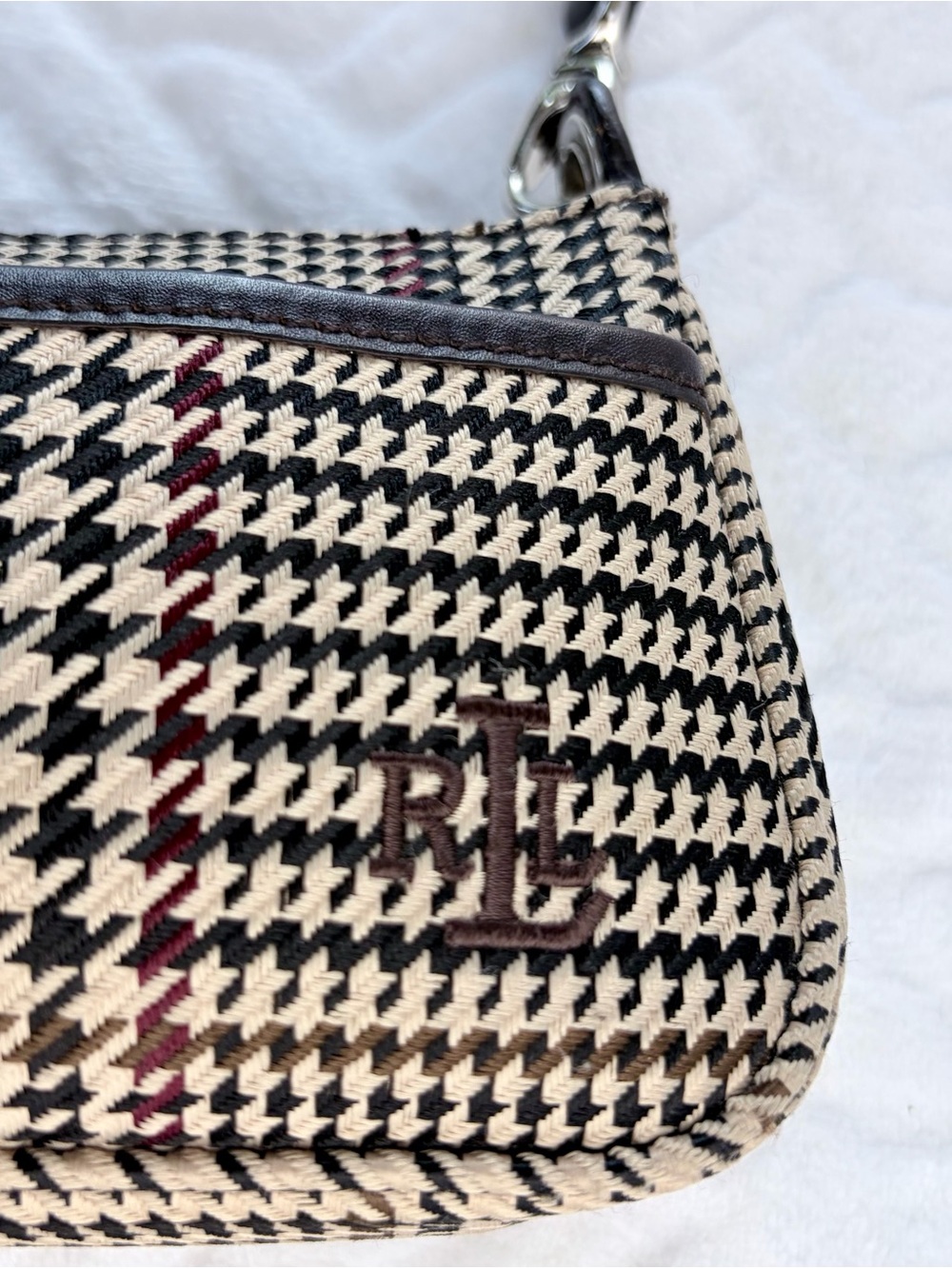 Vintage 90s Ralph Lauren Houndstooth Leather Trim Bag Y2K Equestrian Preppy Vibe - Picture 3 of 8